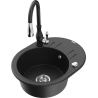 Mexen Kevin granite sink 1-bowl with drainer and Savita kitchen tap, black/silver metallic - 6517-73-672601-70