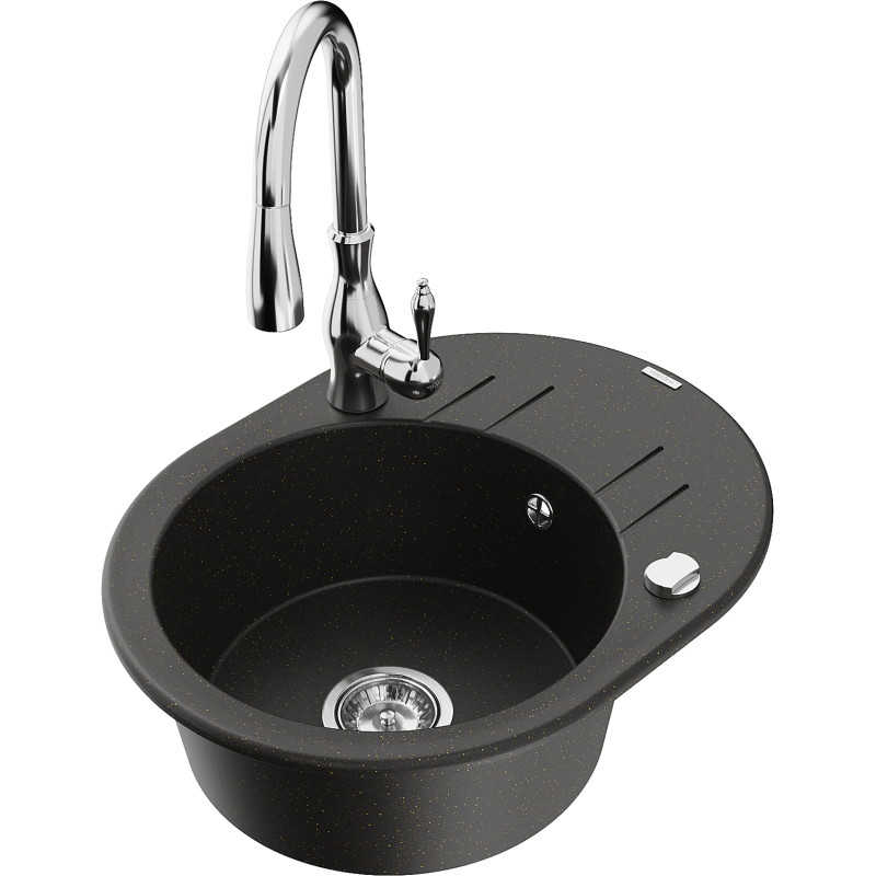 Mexen Kevin lavello in granito con 1 vasca con scolapiatti e miscelatore da cucina Savita, nero/oro metallico