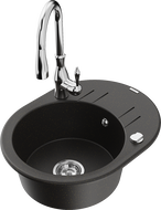 Mexen Kevin granite kitchen sink 1-bowl with drainer and Savita kitchen faucet, black/gold metallic - 6517-75-672601-00