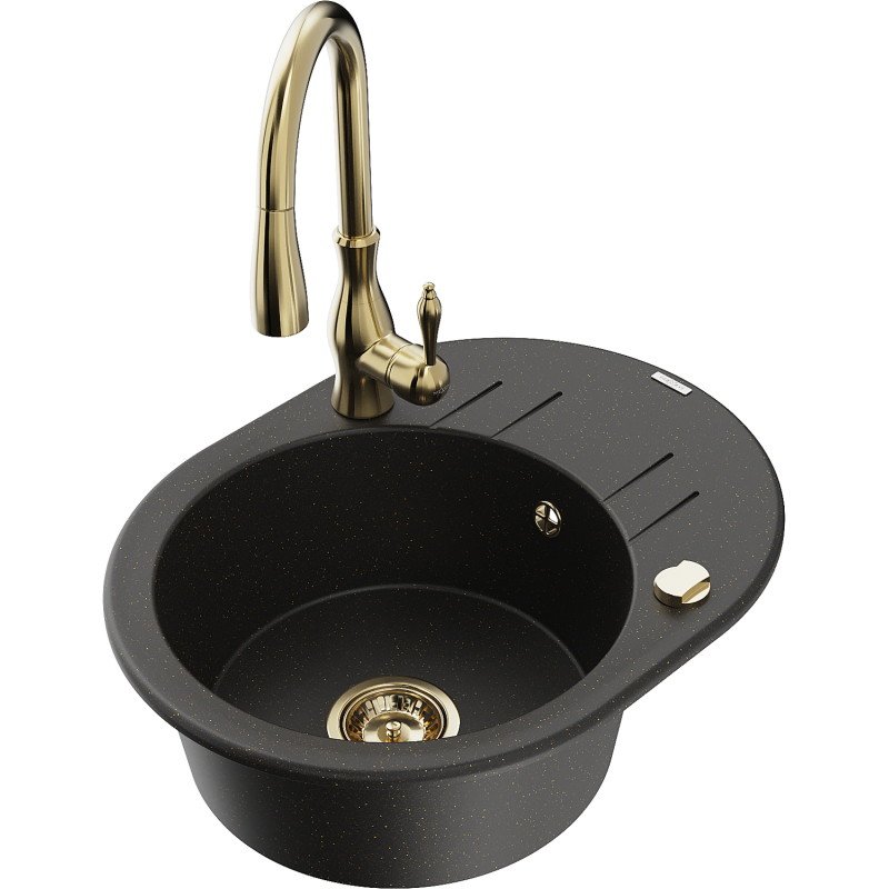 Mexen Kevin Granitspüle 1-Kammer mit Abtropffläche und Küchenarmatur Savita, schwarz/gold metallic - 6517-75-672601-50