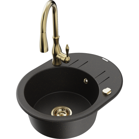 Mexen Kevin granitische gootsteen 1-kamer met afdruiprek en keukenkraan Savita, zwart/gouden metallic - 6517-75-672601-50
