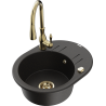 Mexen Kevin granitische gootsteen 1-kamer met afdruiprek en keukenkraan Savita, zwart/gouden metallic - 6517-75-672601-50