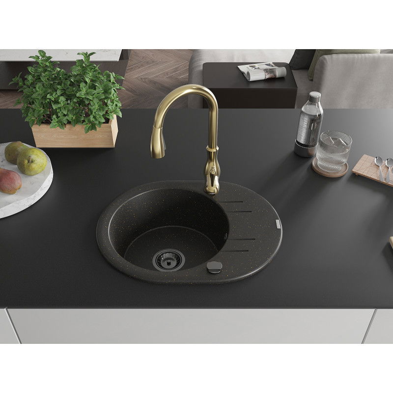 Mexen Kevin 1-bowl granite sink with drainer and Savita kitchen tap, black/gold metallic - 6517-75-672601-50-B