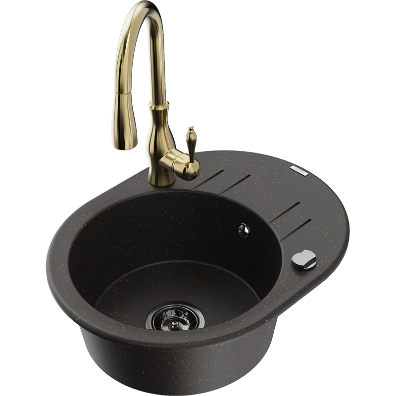 Mexen Kevin fregadero de granito 1 cubeta con escurridor y grifo de cocina Savita, negro/dorado metálico - 6517-75-672601-50-B