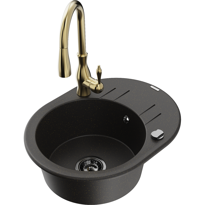 Mexen Kevin lava-louça em granito de 1 cuba com escorredor e torneira de cozinha Savita, preto/dourado metálico