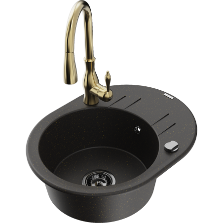 Mexen Kevin 1-bowl granite sink with drainer and Savita kitchen tap, black/gold metallic - 6517-75-672601-50-B