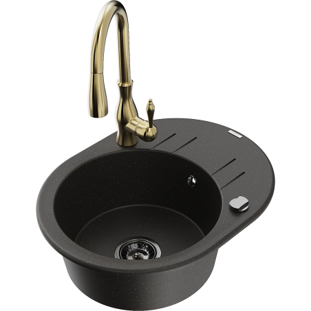 Mexen Kevin granitizlietne ar vienu nodalījumu ar noteces vietu un virtuves krānu Savita, melns/zelta metāliks