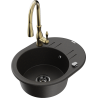 Mexen Kevin 1-bowl granite sink with drainer and Savita kitchen tap, black/gold metallic - 6517-75-672601-50-B