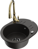 Mexen Kevin granite sink 1-bowl with drainer and Savita kitchen faucet, black/gold metallic - 6517-75-672601-50-B
