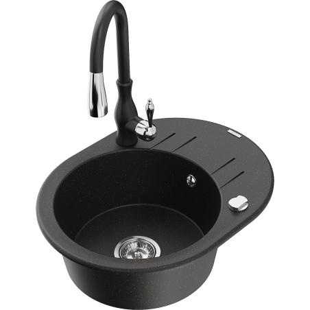 Mexen Kevin granite kitchen sink 1-bowl with drainer and kitchen faucet Savita, black/gold metallic - 6517-75-672601-70