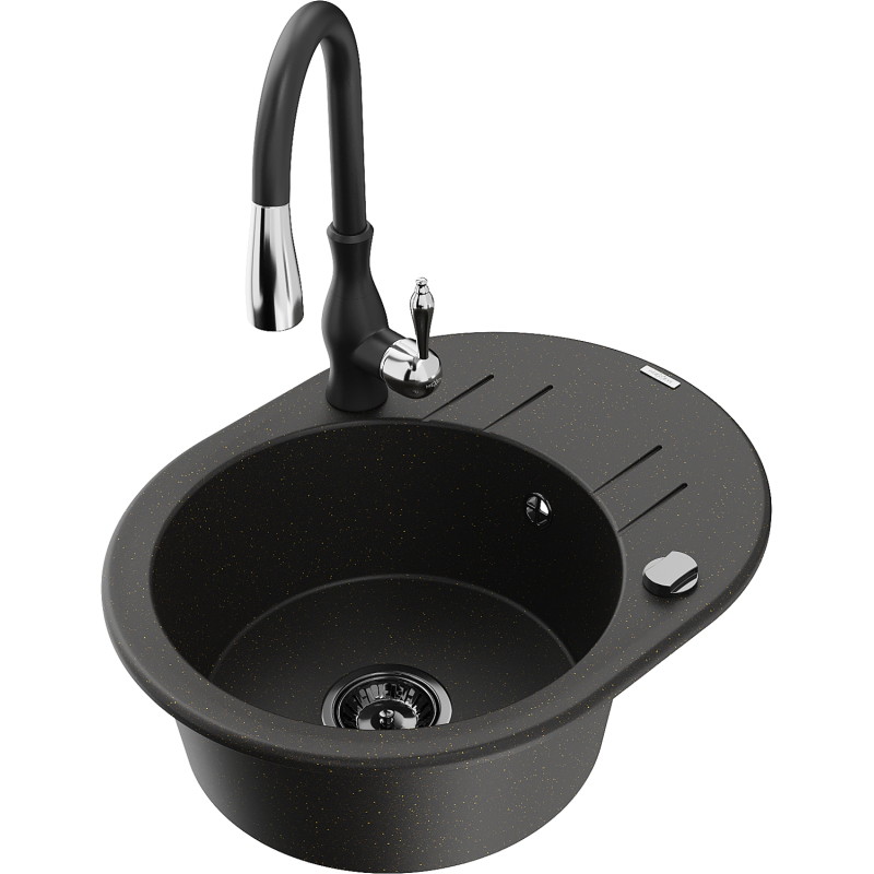 Mexen Kevin fregadero de granito de 1 compartimento con escurridor y grifo de cocina Savita, negro/dorado metálico
