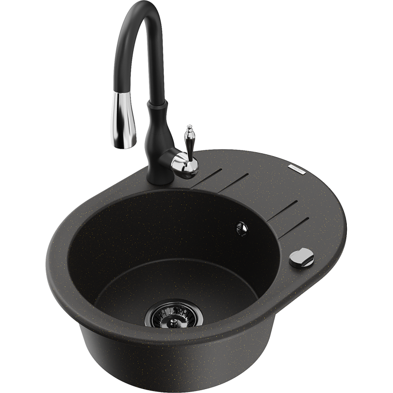 Mexen Kevin fregadero de granito de 1 seno con escurridor y grifo de cocina Savita, negro/dorado metálico - 6517-75-672601-70-B