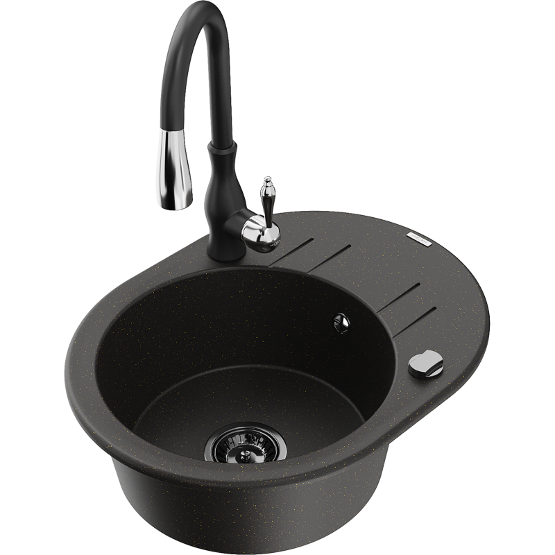 Mexen Kevin graniittinen 1-altainen tiskiallas valutustasolla ja keittiöhana Savita, musta/kultametalli - 6517-75-672601-70-B