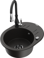 Mexen Kevin 1-bowl granite sink with drainer and Savita kitchen faucet, black/gold metallic - 6517-75-672601-70-B