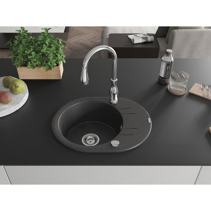 Mexen Kevin 1-compartment granite sink with drainer and Savita kitchen tap, speckled black - 6517-76-672601-00