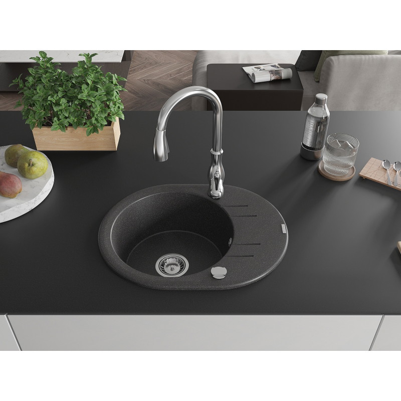 Mexen Kevin fregadero de cocina de granito de 1 compartimento con escurridor y grifo de cocina Savita, negro moteado