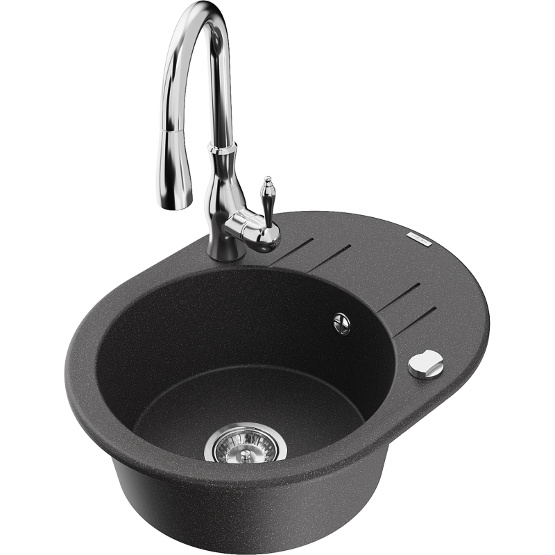 Mexen Kevin 1-compartment granite sink with drainer and Savita kitchen tap, speckled black - 6517-76-672601-00