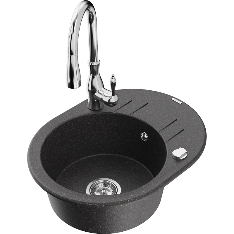 Mexen Kevin Granitspüle 1-becken mit Abtropffläche und Küchenarmatur Savita, schwarz gesprenkelt - 6517-76-672601-00