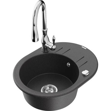 Mexen Kevin fregadero de granito de 1 seno con escurridor y grifo de cocina Savita, negro moteado - 6517-76-672601-00