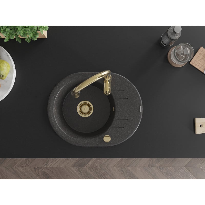 Mexen Kevin fregadero de granito de 1 con cámara con desagüe y grifo de cocina Savita, negro moteado - 6517-76-672601-50