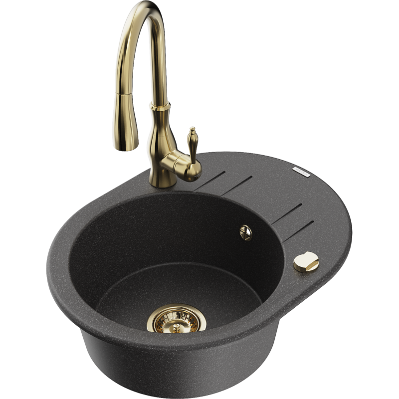 Mexen Kevin fregadero de granito de 1 con cámara con desagüe y grifo de cocina Savita, negro moteado - 6517-76-672601-50