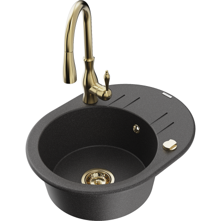 Mexen Kevin fregadero de granito de 1 con cámara con desagüe y grifo de cocina Savita, negro moteado - 6517-76-672601-50
