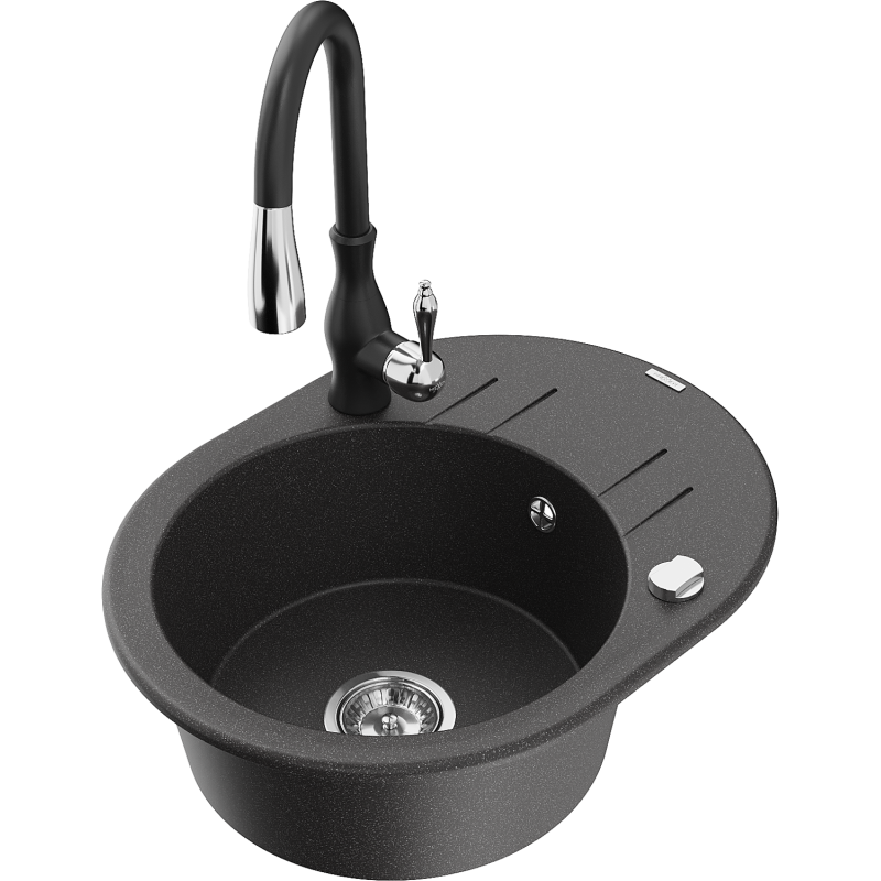 Mexen Kevin évier en granit 1 bac avec égouttoir et robinet de cuisine Savita, noir moucheté - 6517-76-672601-70