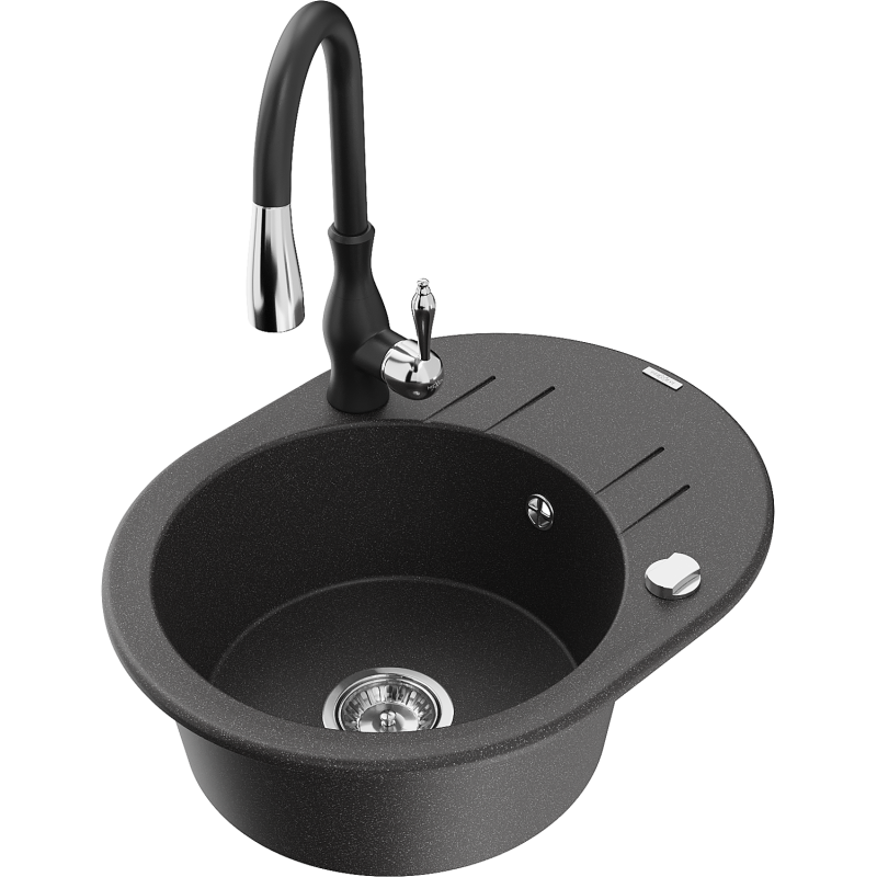 Mexen Kevin fregadero de granito de 1 cubeta con escurridor y grifo de cocina Savita, negro moteado - 6517-76-672601-70
