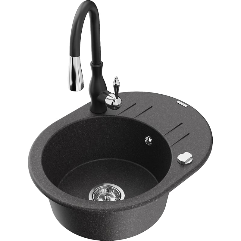 Mexen Kevin granite kitchen sink 1-bowl with drainer and Savita kitchen faucet, black speckled - 6517-76-672601-70