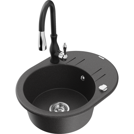 Mexen Kevin évier en granit 1 bac avec égouttoir et robinet de cuisine Savita, noir moucheté - 6517-76-672601-70