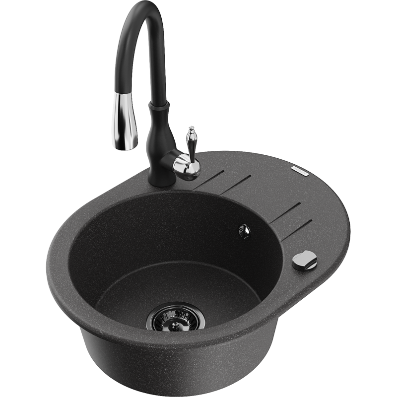 Mexen Kevin fregadero de granito de 1 cubeta con escurridor y grifo de cocina Savita, negro moteado - 6517-76-672601-70-B
