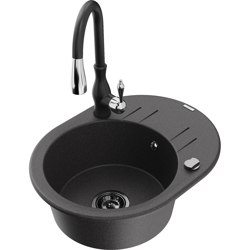 Mexen Kevin lava-loiça de granito de 1 bacia com escorredor e torneira de cozinha Savita, preto salpicado - 6517-76-672601-70-B