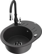 Mexen Kevin granite sink 1-bowl with drainer and Savita kitchen tap, black speckled - 6517-76-672601-70-B