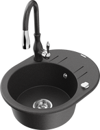 Mexen Kevin granite sink single-bowl with drainer and Savita kitchen tap, speckled black - 6517-76-672601-76