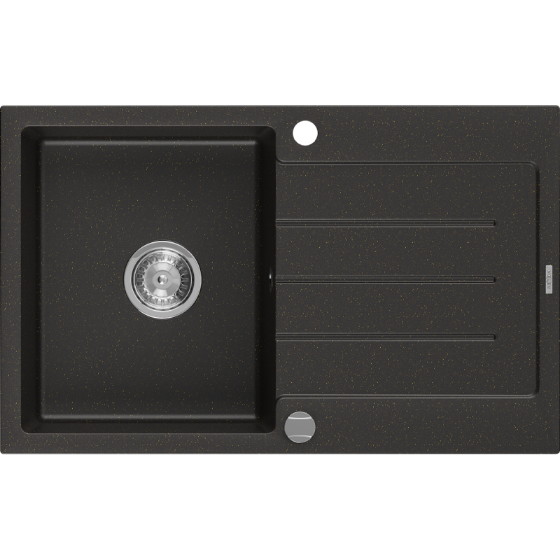 Mexen Bruno granitdiskbänk 1-kammare med avrinningsyta 795 x 495 mm, svart/guld metallic, krom sifon - 6513791010-75