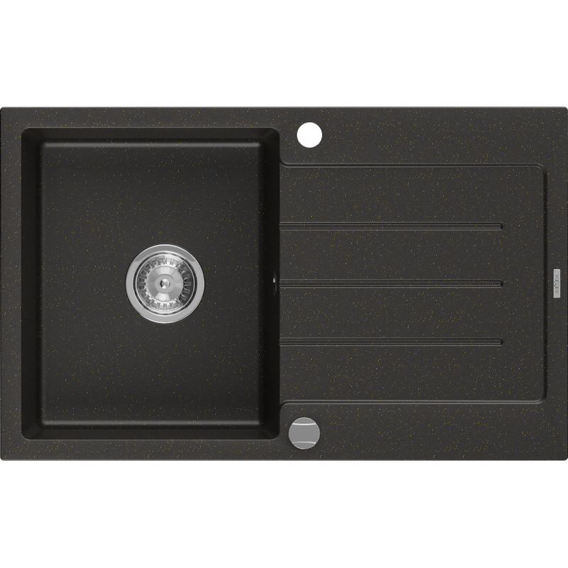 Mexen Bruno lavello in granito 1-vasca con scola piatti 795 x 495 mm, nero/oro metallizzato, sifone cromato- 6513791010-75