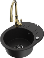 Mexen Kevin 1-bowl granite sink with drainer and Savita kitchen tap, black - 6517-77-672601-50-B