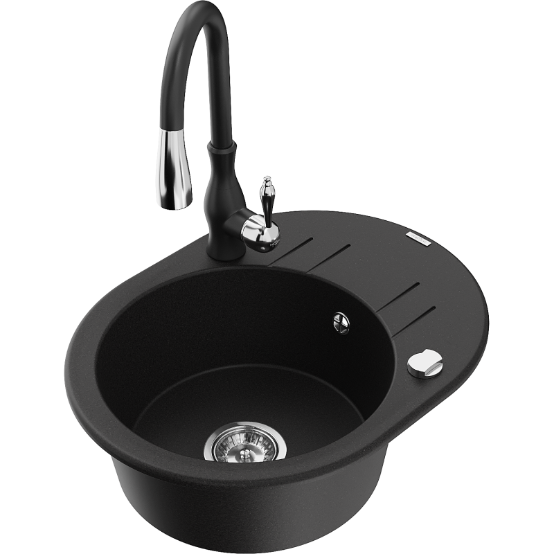 Mexen Kevin fregadero de cocina de granito de 1 cuenco con escurridor y grifo de cocina Savita, negro - 6517-77-672601-70