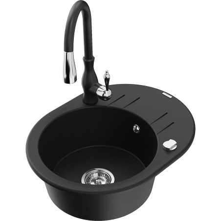 Mexen Kevin granite sink 1-bowl with drainer and Savita kitchen tap, black - 6517-77-672601-70