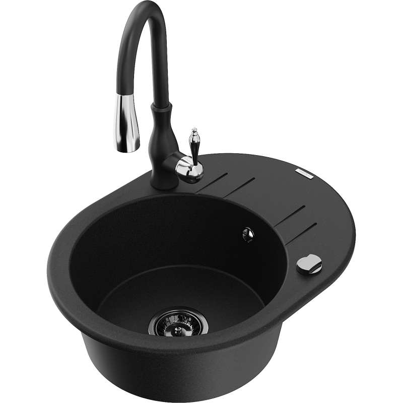 Mexen Kevin 1-Bowl Granite Sink with Drainer and Savita Kitchen Tap, Black - 6517-77-672601-70-B