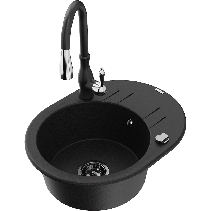 Mexen Kevin granitdiskbänk med 1 fack, avtappningsyta och köksblandare Savita, svart - 6517-77-672601-70-B