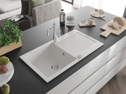 Mexen Leo fregadero de granito de 1 seno con escurridor y grifo de cocina Carla, blanco - 6501-20-670700-00