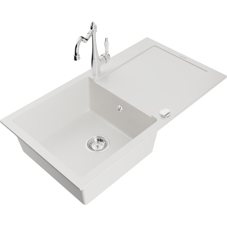 Mexen Leo fregadero de granito de 1 cubeta con escurridor y grifo de cocina Carla, blanco - 6501-20-670700-00