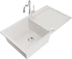 Mexen Leo fregadero de granito de 1 seno con escurridor y grifo de cocina Carla, blanco - 6501-20-670700-00