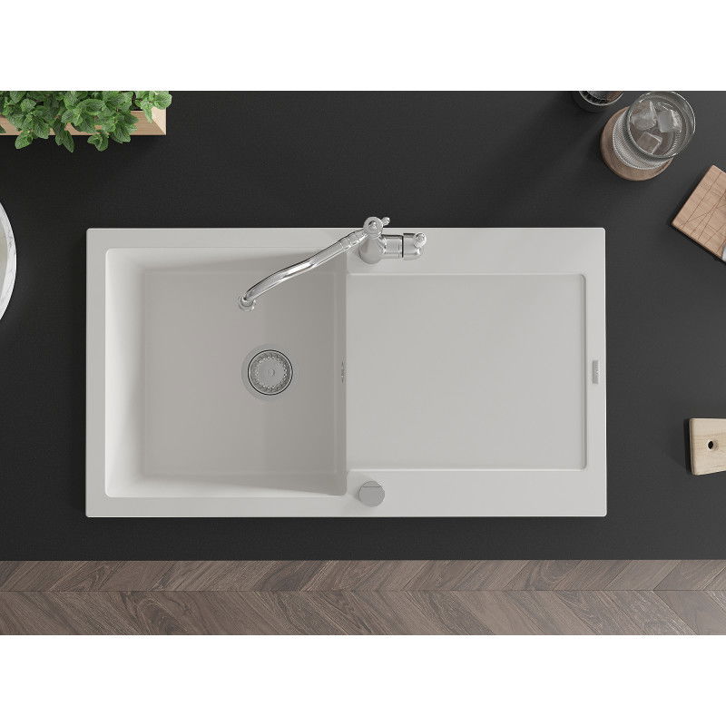 Mexen Leo granite kitchen sink 1-bowl with drainer and Carla kitchen tap, white - 6501-20-670700-00