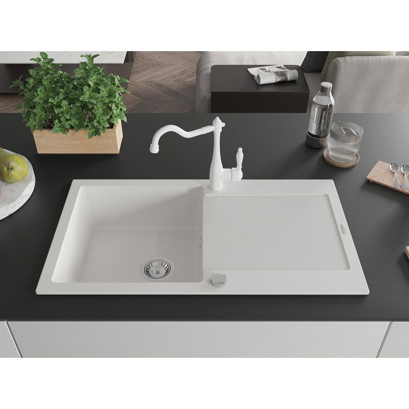 Mexen Leo 1-bowl granite sink with drainer and Carla kitchen tap, white - 6501-20-670700-20