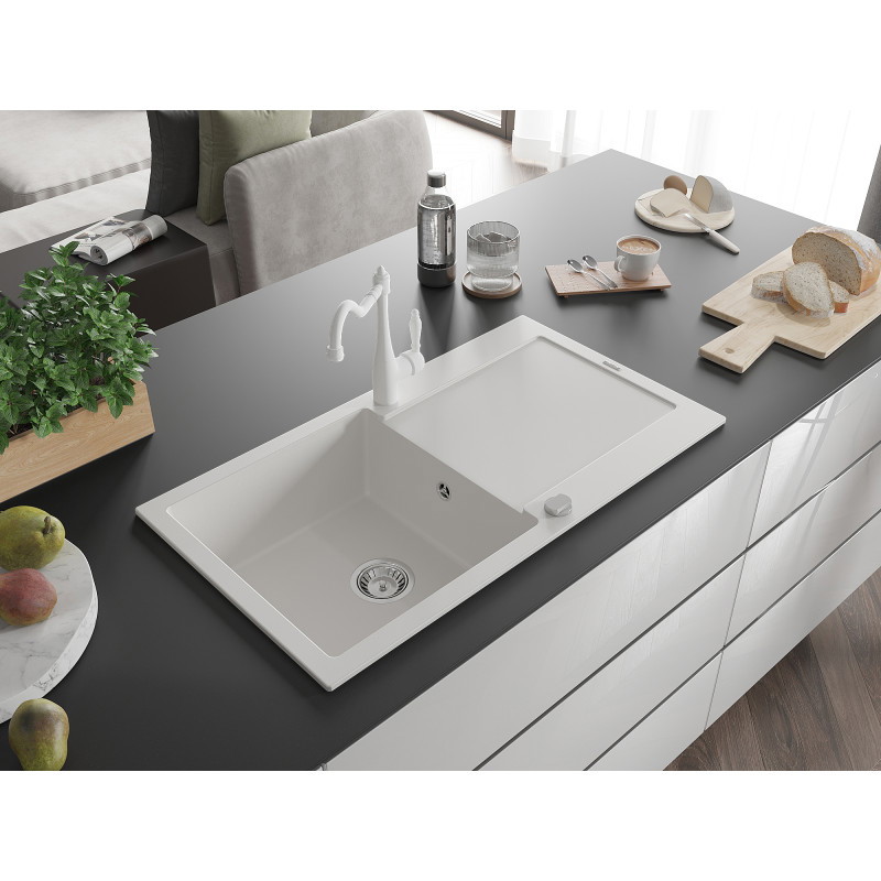 Mexen Leo fregadero de granito de 1 seno con escurridor y grifo de cocina Carla, blanco - 6501-20-670700-20