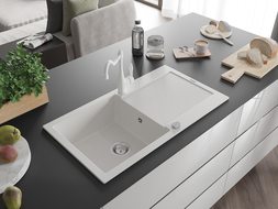 Mexen Leo fregadero de granito de 1 cubeta con escurridor y grifo de cocina Carla, blanco - 6501-20-670700-20