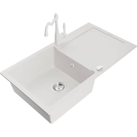 Mexen Leo granite kitchen sink with 1 basin, drainer and Carla faucet, white - 6501-20-670700-20