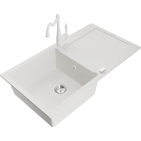 Mexen Leo lavello in granito ad 1 vasca con scolapiatti e rubinetto da cucina Carla, bianco - 6501-20-670700-20
